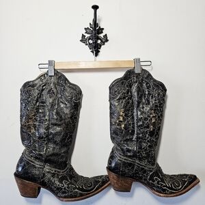 Corral Vintage Cowboy Boots Lizard Inlay Size 9.5 M Western Distressed EUC